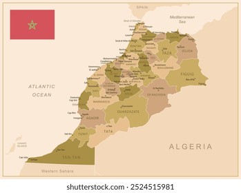 Marrocos - mapa detalhado do país em cores marrons, dividido em regiões. Ilustração vetorial