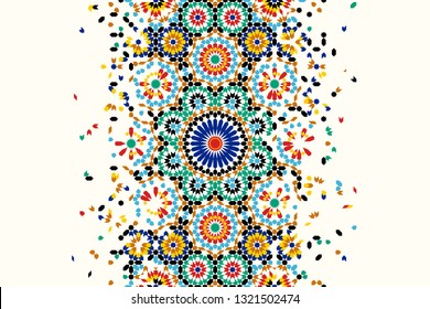 Morocco disintegration template based on geometric islamic mosaic design. Tile repeating vector border. Abstract background.