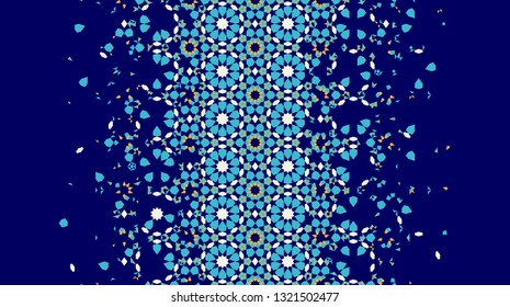 Morocco disintegration template based on geometric islamic mosaic design. Tile repeating vector border. Abstract background.