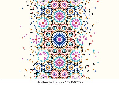 Morocco disintegration template based on geometric islamic mosaic design. Tile repeating vector border. Abstract background.