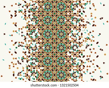 Morocco disintegration template based on geometric islamic mosaic design. Tile repeating vector border. Abstract background.