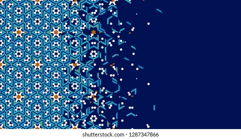 Morocco Disintegration Template. 
Breaking, flying away islamic mosaic. Modern Abstract Background. 