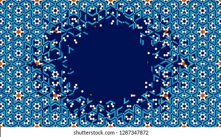 Morocco Disintegration Template. 
Breaking, flying away islamic mosaic. Modern Abstract Background. 