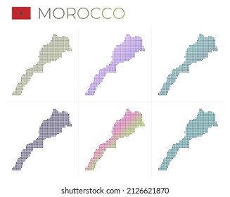 Marokko gepunktete Karte gesetzt. Karte von Marokko im gepunkteten Stil. Grenzen des Landes gefüllt mit schönen glatten Gradientenzirkeln. Stilvolle Vektorgrafik.