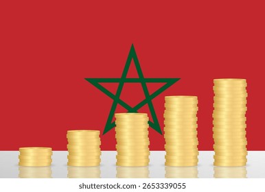 Economía de Marruecos. Bandera de Marruecos con Pila de Monedas. Concepto Financiero y de Inversión. Ilustración vectorial.  