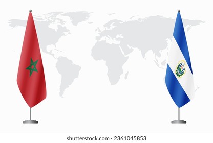 Morocco and El Salvador flags for official meeting against background of world map.