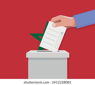 Morocco election concept. Hand puts vote bulletin into vote box.