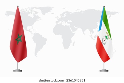 Morocco and Equatorial Guinea flags for official meeting against background of world map.
