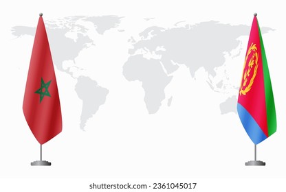 Morocco and Eritrea flags for official meeting against background of world map.