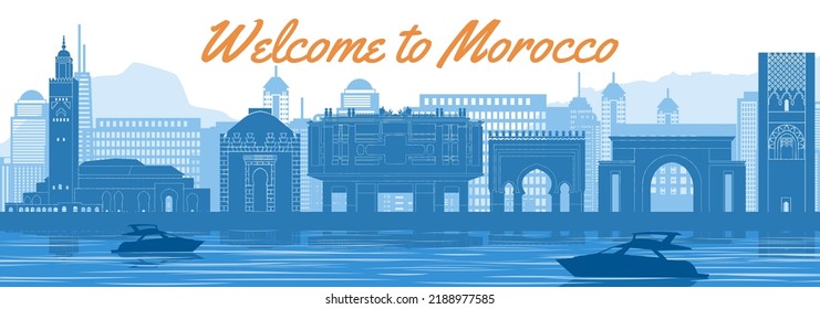 Morocco famous landmark silhouette style behind river and boat and in front of towers,vector illustration