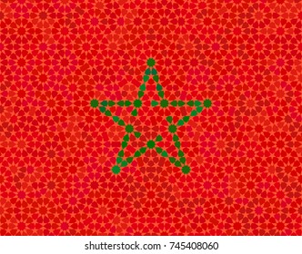 Morocco flag based on traditional moorish ornament. Green star on red Background