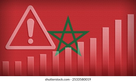 Morocco flag with burlap texture, warning sign, and rising bar chart symbolizing increasing risk or growth challenges in the country. Ideal for data presentations.