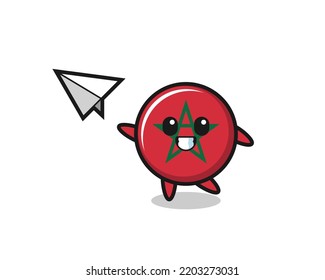 morocco flag cartoon character throwing paper airplane , cute design