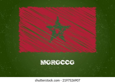 Morocco flag with chalk effect on green chalkboard, hand drawing country flag concept, green blackboard with Morocco flag, chalk texture, flag for kids, classroom material