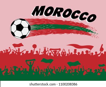 Morocco flag colors with soccer ball and Moroccan supporters silhouettes. All the objects, brush strokes and silhouettes are in different layers and the text types do not need any font. 