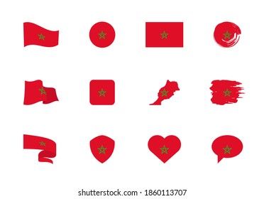 Morocco flag - flat collection. Flags of different shaped twelve flat icons. Vector illustration set