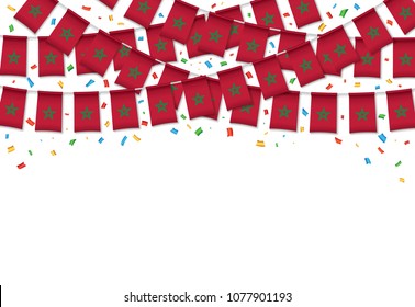Morocco flag garland white background with confetti, Hanging bunting for Moroccan independence Day celebration template banner, Vector illustration