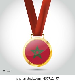 Morocco Flag in gold Medal. Vector Illustration. RIO Olympic Game gold Medal. Vector Illustration