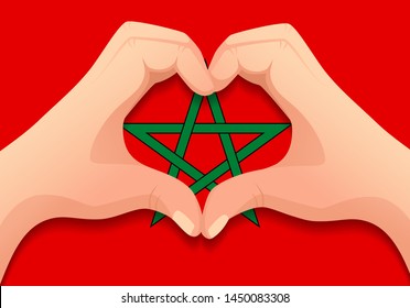 Morocco flag and hand heart shape. Patriotic background. National flag of Morocco vector illustration