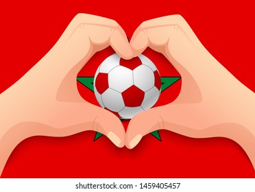 Morocco flag and hand heart shape. National football background. Soccer ball with flag of Morocco vector illustration