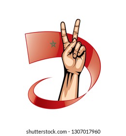Morocco flag and hand on white background. Vector illustration