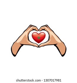 Morocco flag and hand on white background. Vector illustration