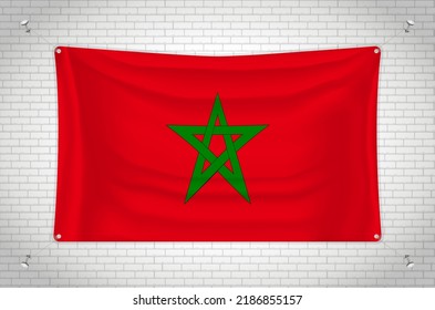 Morocco flag hanging on brick wall. 3D drawing. Flag attached to the wall. Neatly drawing in groups on separate layers for easy editing.