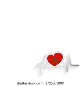 Morocco flag heart shaped and heartbeat line isolated on white. Morocco Patriotic Background. Vector illustration.