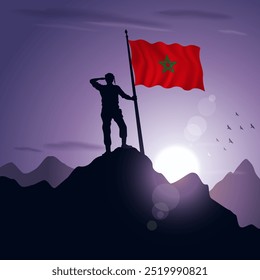 Morocco Flag hoisted on a mountain peak with a purplish sunset in the background, vector illustration