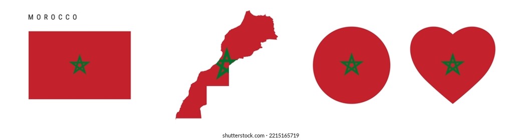 Morocco flag icon set. Moroccan pennant in official colors and proportions. Rectangular, map-shaped, circle and heart-shaped. Flat vector illustration isolated on white.