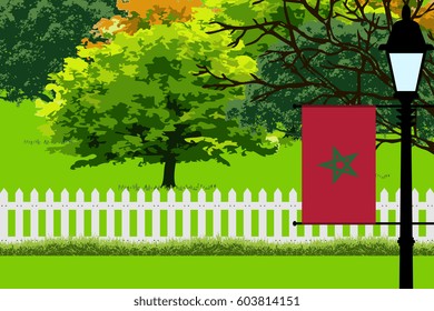 Morocco Flag, Landscape of Park, Trees, Fence wooden and Street light Vector Illustration 