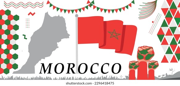 Morocco Flag with map and Morocco National or Independence Day banner design, Moroccan vector flag, abstract dynamic retro red green style for Morocco country.