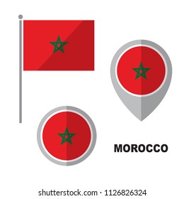 Morocco flag and map pointer isolated on white background. Kingdom of Morocco national symbol. Flat design collection.