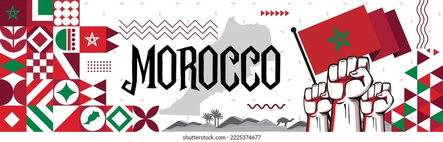 Morocco Flag and map with raised fists. National or Independence day design for Moroccan flag. Modern retro red green star Arab Islamic traditional abstract icons. Vector illustration.