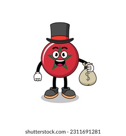 morocco flag mascot illustration rich man holding a money sack , character design