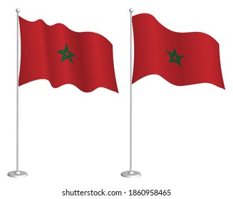 Morocco-Flagge auf Fahnenmast, die im Wind weht. Feriendesign-Element. Checkpoint für Kartensymbole. Einzige Vektorgrafik auf weißem Hintergrund