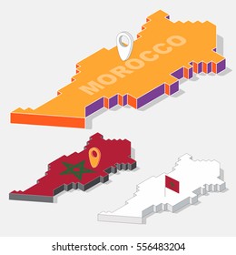 Morocco flag on map element with 3D isometric shape isolated on background, vector illustration