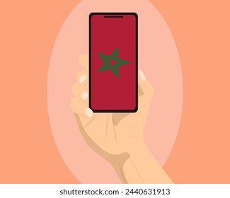Morocco flag on mobile phone screen, holding smartphone, advertising social media or banner concept, Morocco flag showing on phone screen, technology news idea