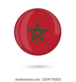 Morocco flag round glossy shiny 3D badge flag button vector illustration isolated on white background for Independence Day 18 November, National Day, Proclamation of Independence Day,11th January