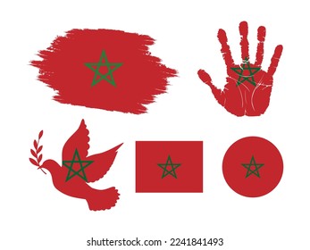 Morocco flag set, flag of Morocco collection. Flag in grunge, Dove, Handprint, square and round shape. vector illustration