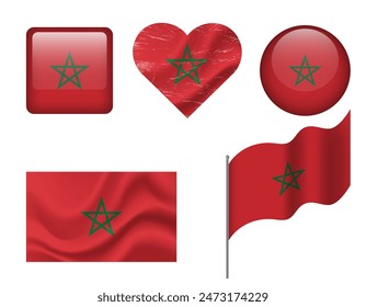 Morocco flag set of icons. Vector flag of Morocco, symbol. Set of Moroccan flags button, waved, heart.