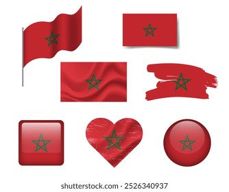 Morocco flag set of icons. Vector flag of Morocco, symbol. Set of Moroccan flags button, brush, waved, heart.