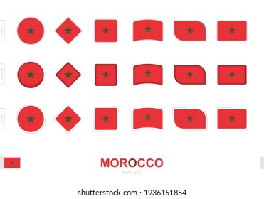 Morocco flag set, simple flags of Morocco with three different effects. Vector illustration.