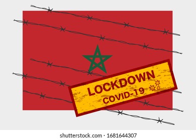 Bandera marroquí con seguridad de advertencia de bloqueo de señalización debido a la crisis del coronavirus covid-19 diseño de la enfermedad con el vector de aislamiento con cable de la barba