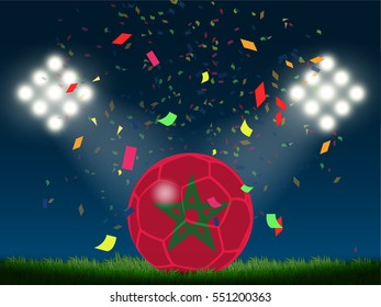 Morocco flag in soccer ball with confetti in stadium to celebrate for football match in night time with spot light backdrop, This design for sport templatea, banner in vector illustration