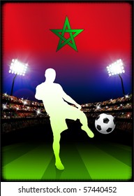 Bandera de Marruecos con jugador de fútbol sobre fondo estadio Ilustración original