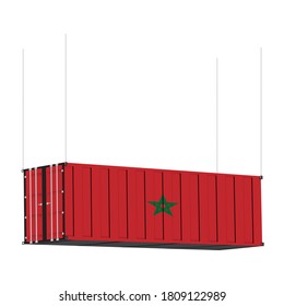 Morocco flag symbol on cargo containers hang by chain, the concept import and export transport business of country.