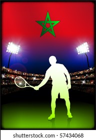 Morocco Flag with Tennis Player on Stadium Background Original Illustration