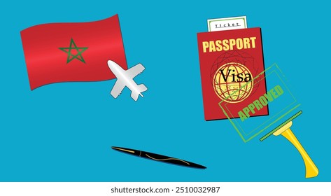 Morocco flag with white plane icon. Passport with visa approved stamp. Black stylish Pen. Moroccan Travel poster. Editable vector EPS available