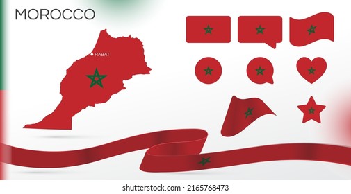 Morocco flags set. Various designs. Map and capital city. World flags. Vector set. Circle icon. Template for independence day. Collection of national symbols. Ribbon with colors of the flag. Africa